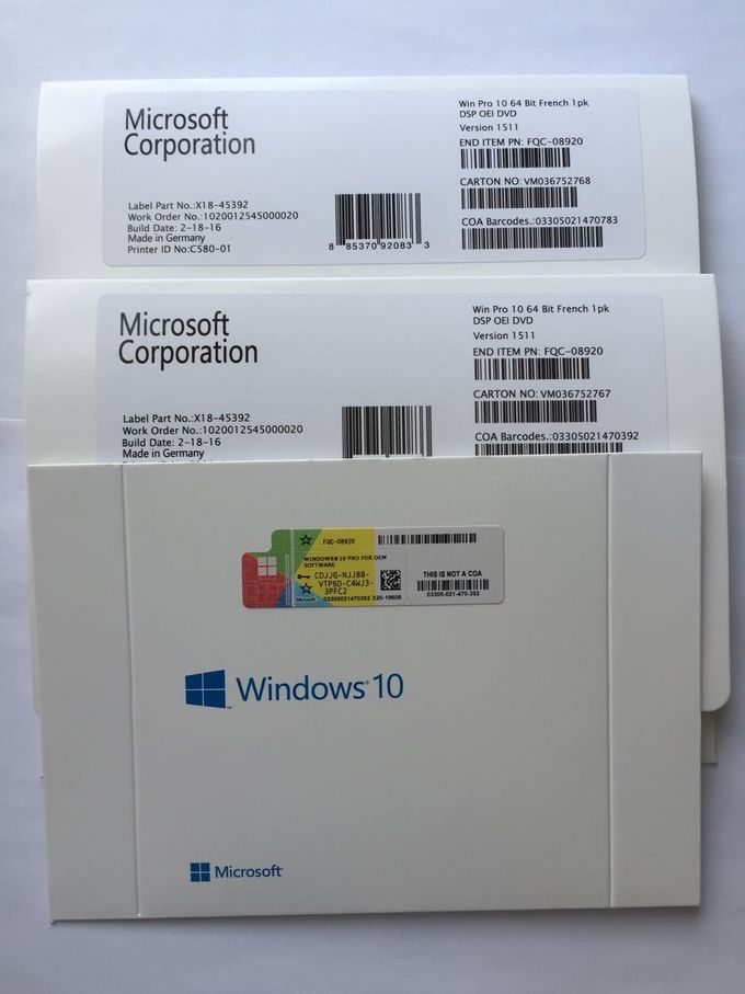 Clé d'OEM de professionnel du MS Windows 10, pro version de 64 Français du bit DVD de Windows 10
