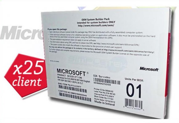 les bits 25cals 64 que le paquet Microsoft Windows d'OEM de DVD divisent 2008 fenêtres de l'entreprise R2 divisent R2 le logiciel d'utilisateurs de l'entreprise 25